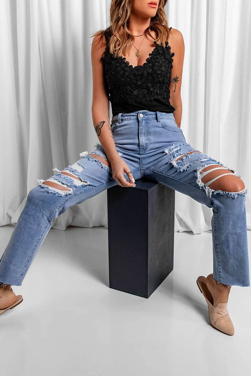 Sky Blue Medium Wash Ripped Boyfriend Jeans