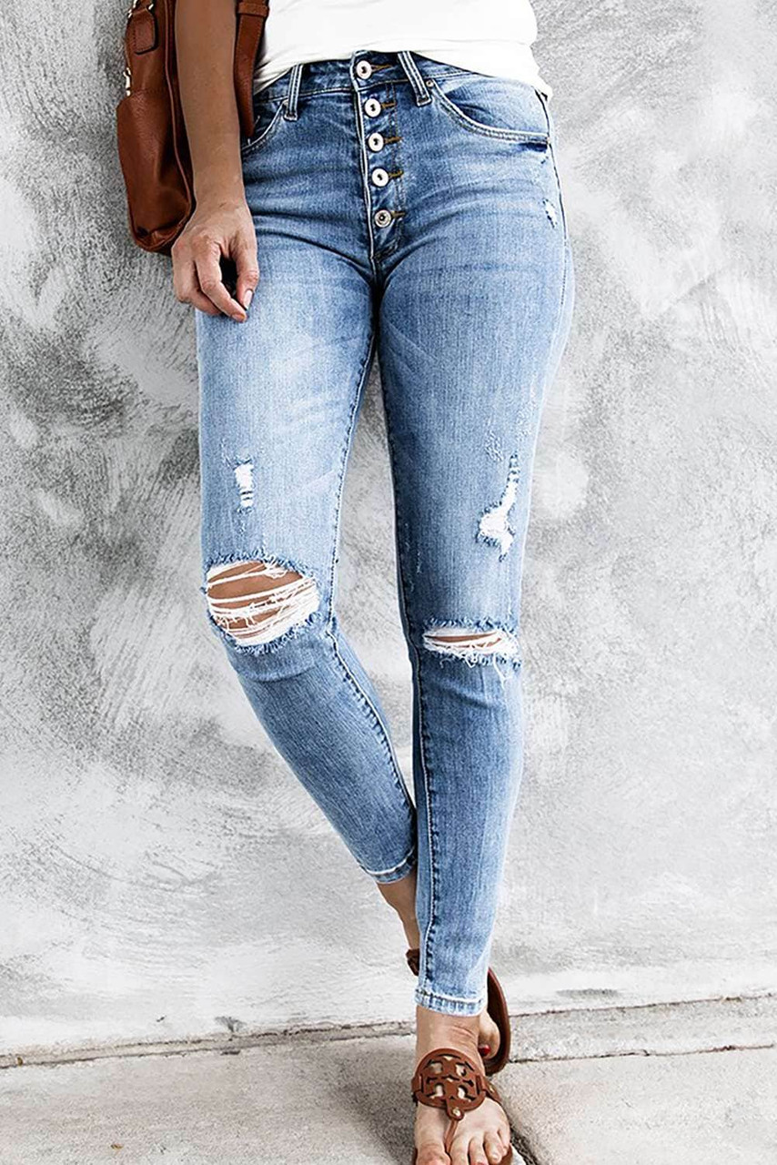 High Rise Button Fly Distressed Slim-fit Jeans