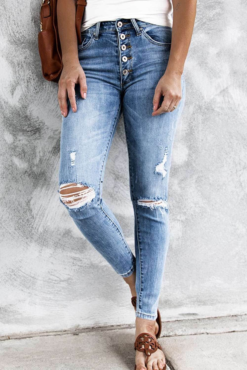 High Rise Button Fly Distressed Slim-fit Jeans