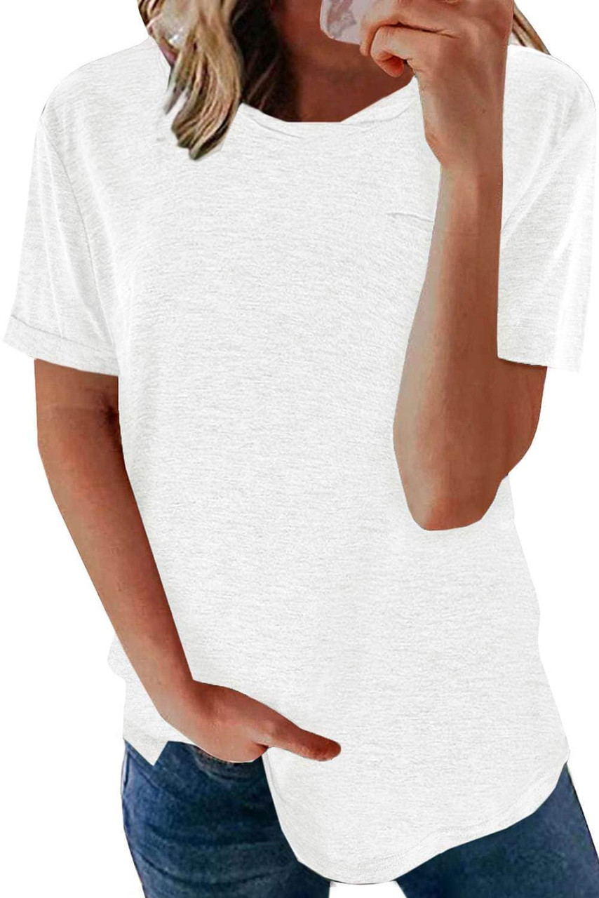 White Solid Color Rolled Short Sleeve T Shirt