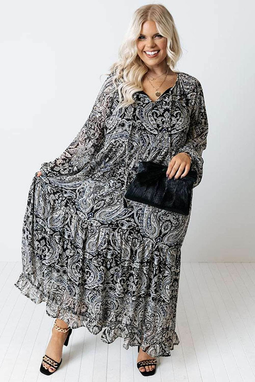 Paisley Print Ruffled Drawstring Plus Size Maxi Dress