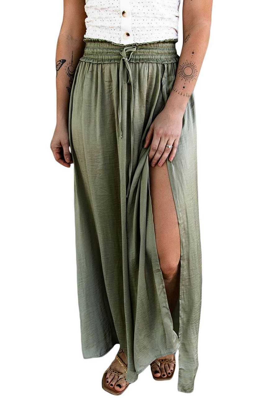 Green Adjustable Drawstring Smocked Waist Maxi Skirt