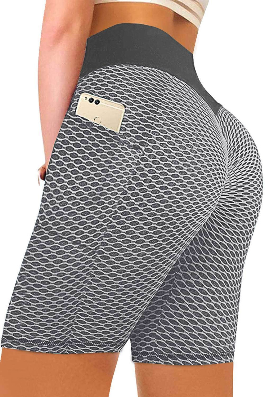 Gray Side Pockets Ruched Butt Lifting Yoga Shorts