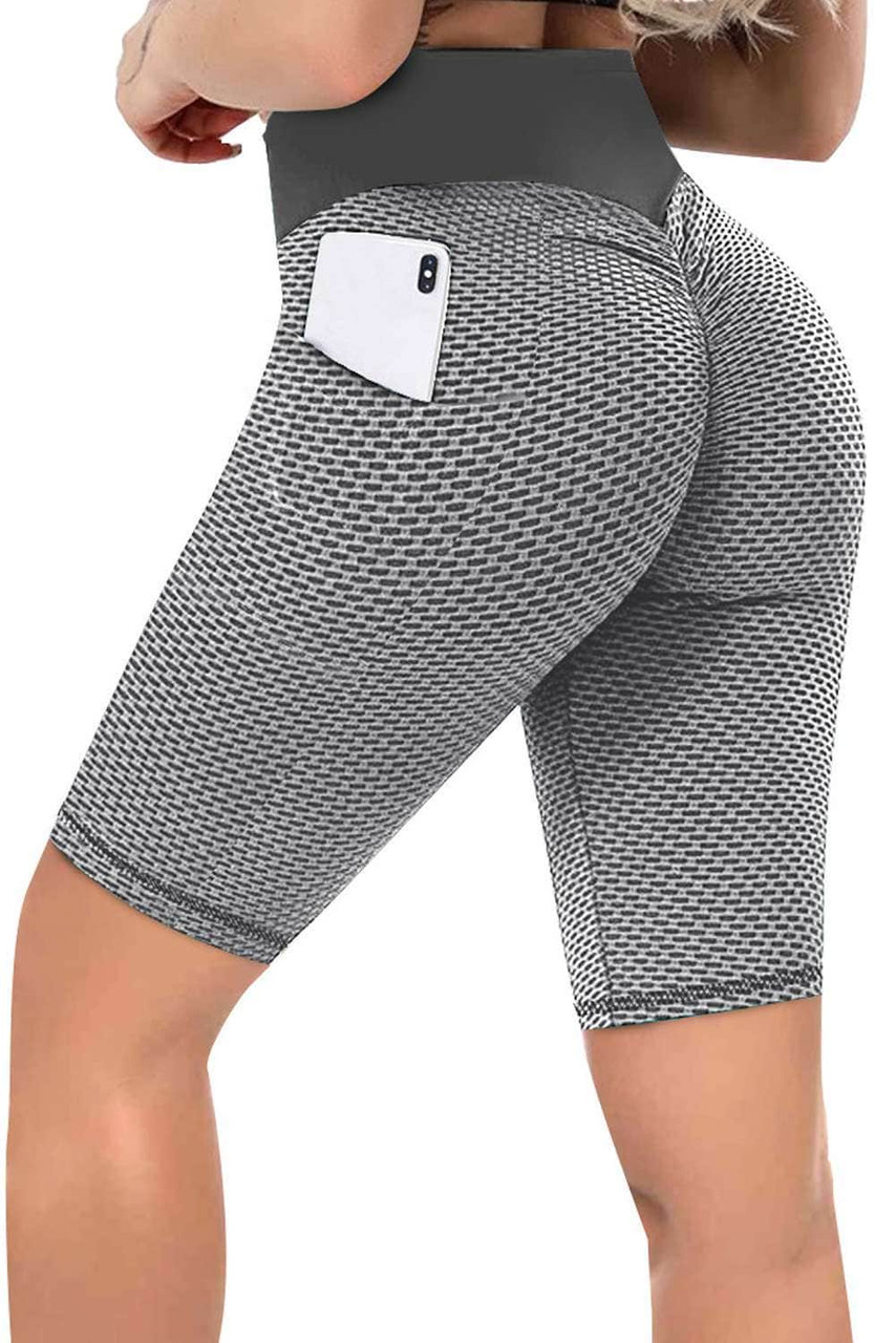 Gray Side Pockets Ruched Butt Lifting Yoga Shorts