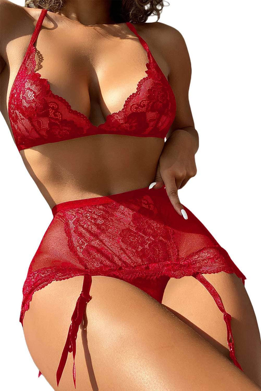 Red Halter Backless Crochet Lace 3Pcs Lingerie Set