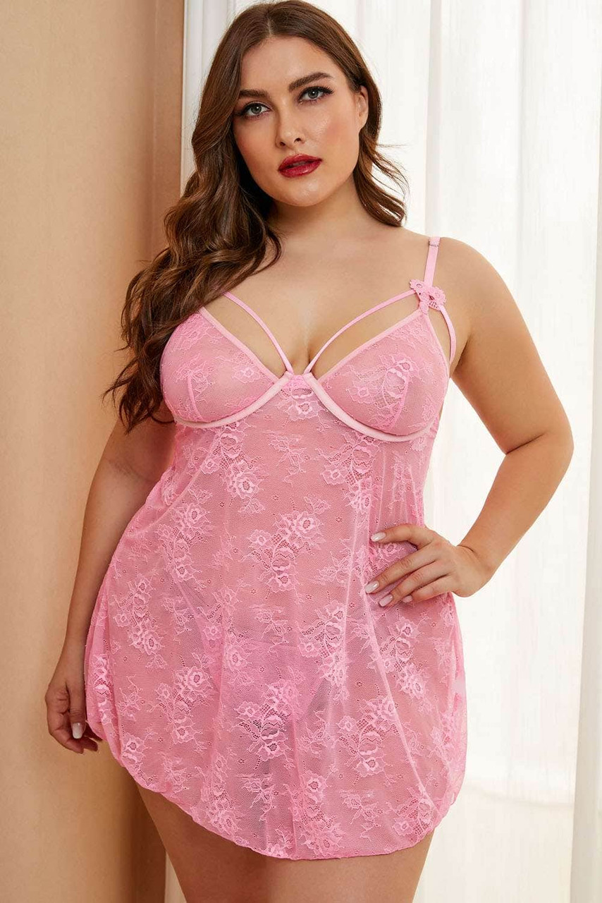 Pink Plus Size Lace Valentine Babydoll with Thong