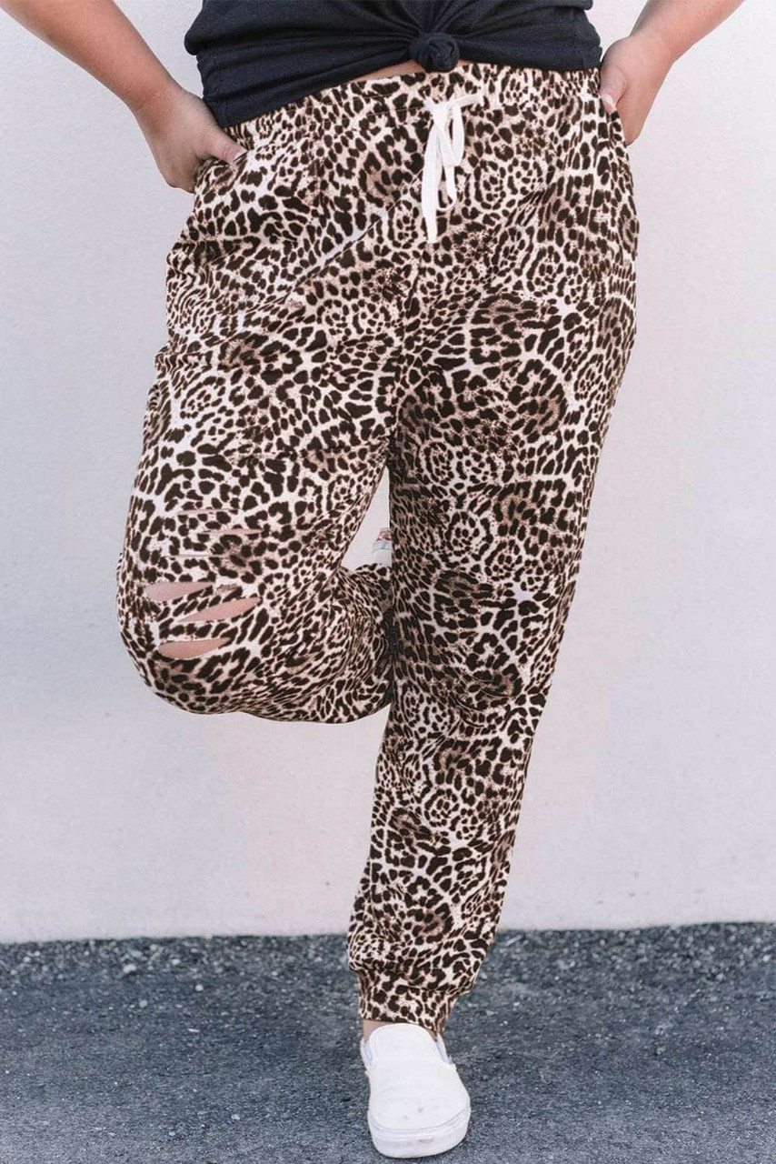 Leopard Print Ripped Drawstring Mid Waist Plus Size Pants