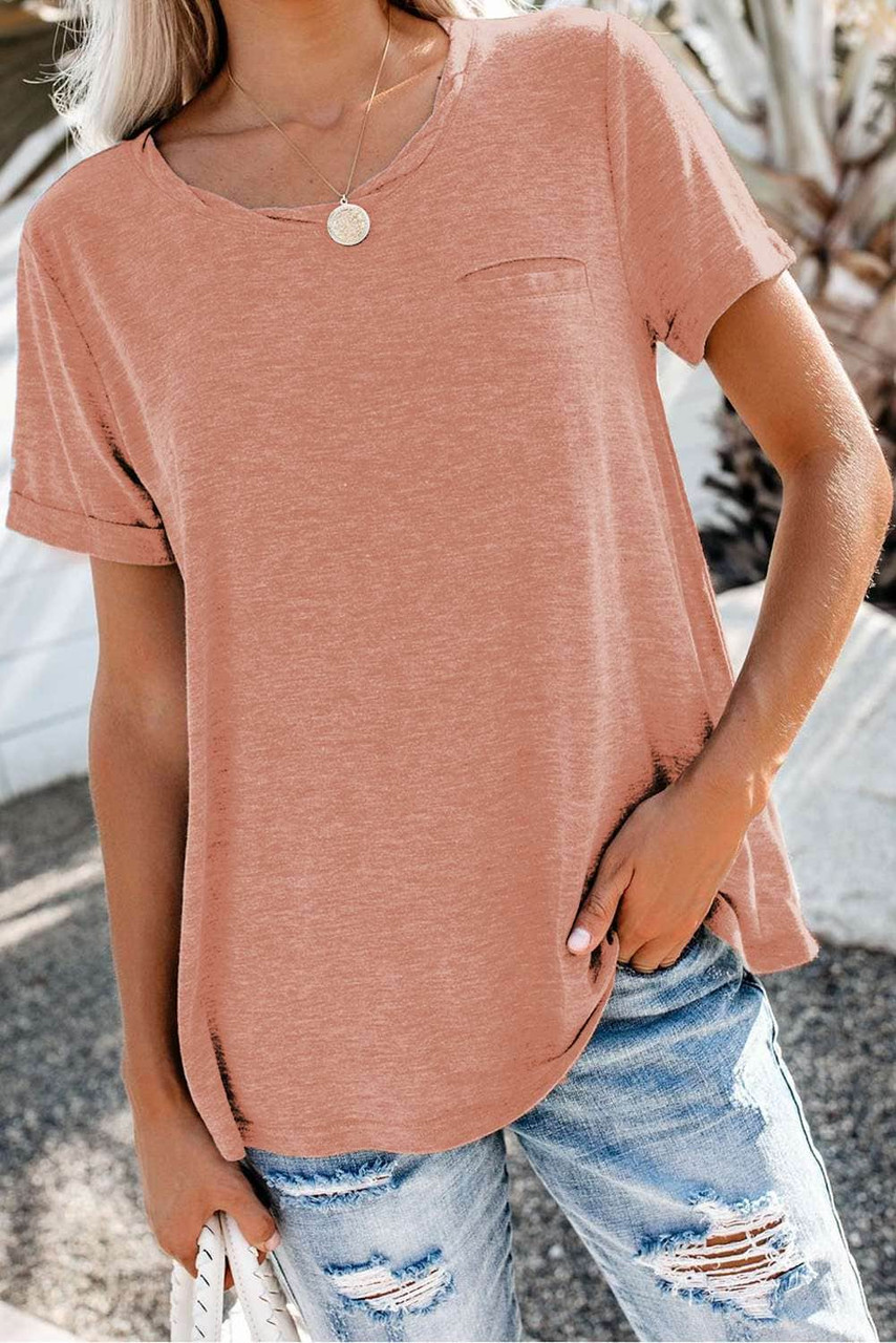 Orange Solid Color Rolled Short Sleeve T Shirt