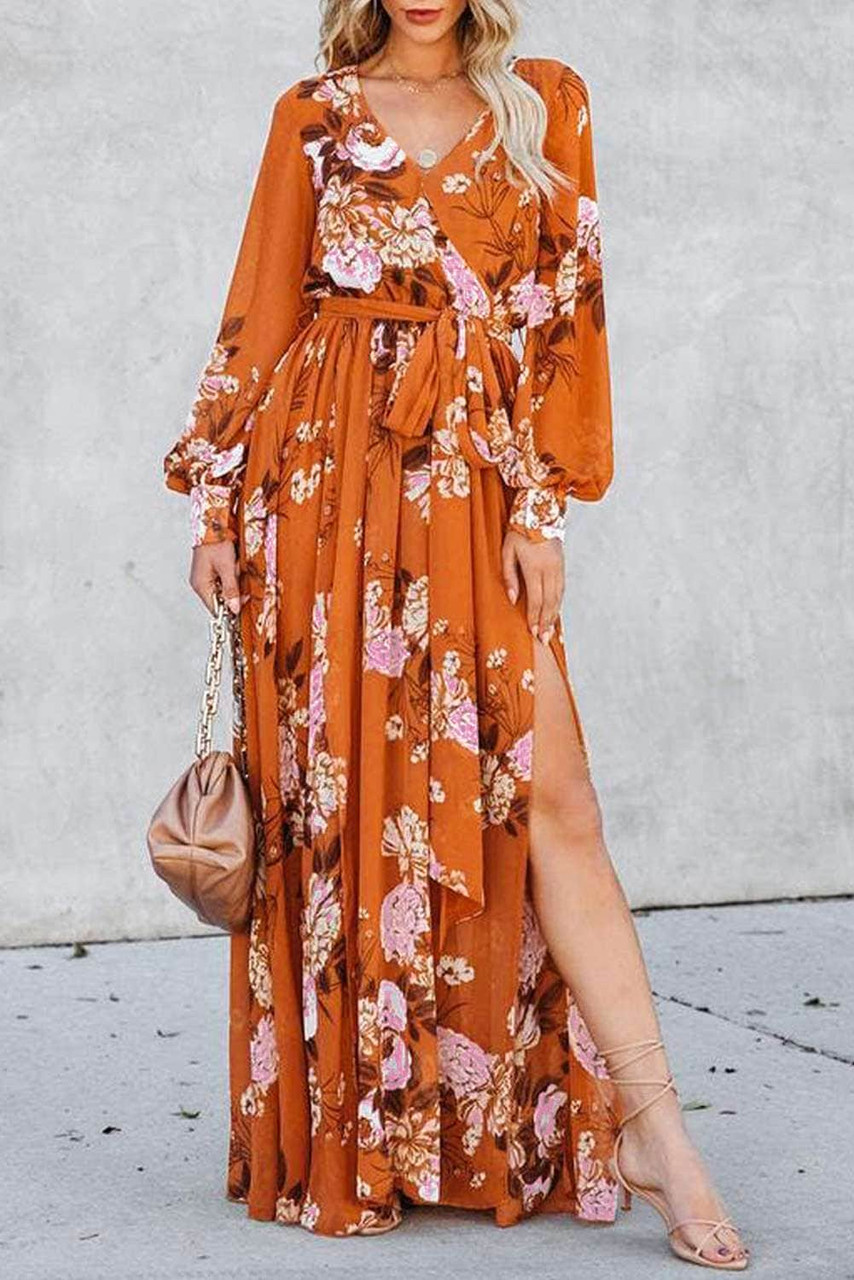 Floral Print Lace-up Ruffled V Neck Maxi Dress with A Slit