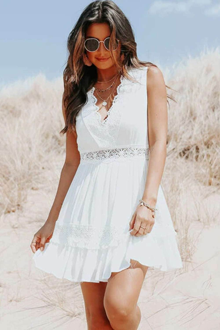 White Lace Crochet Flounce V Neck Sleeveless Mini Dress