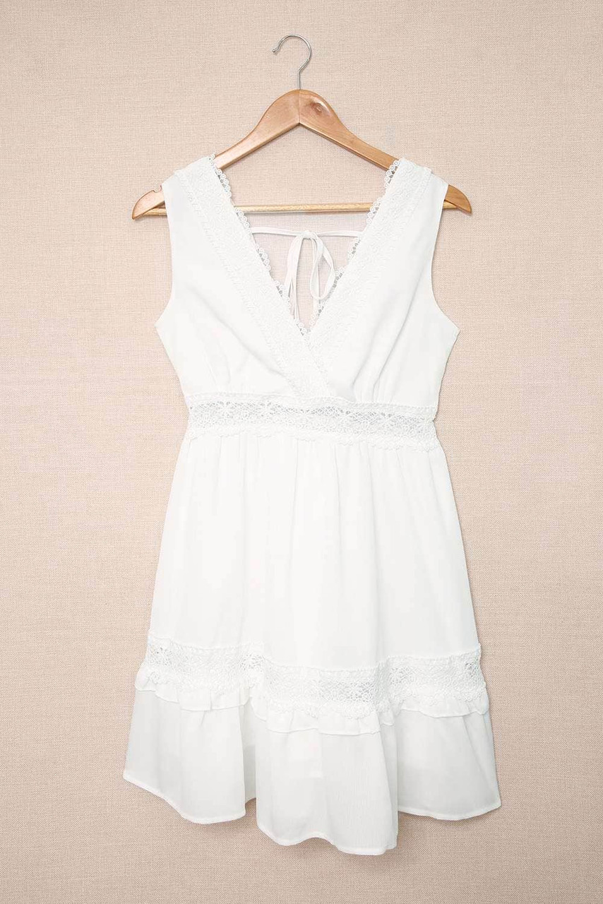 White Lace Crochet Flounce V Neck Sleeveless Mini Dress