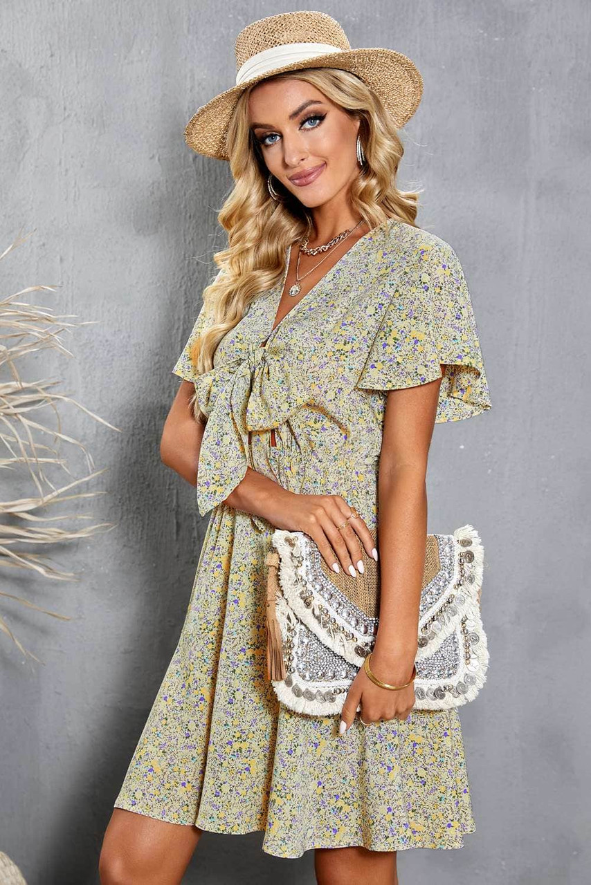 Floral Print Tie Knot Ruffled Short Sleeve Mini Dress