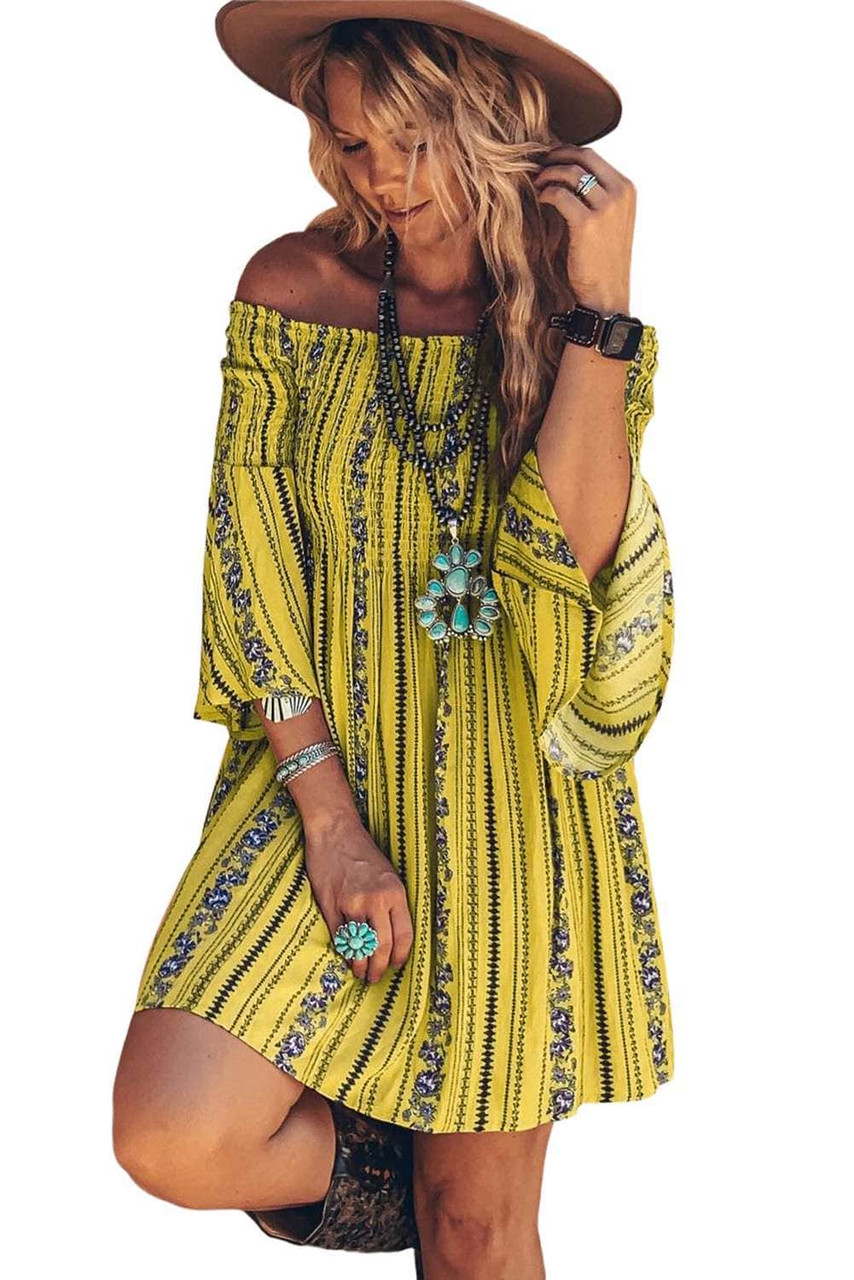 Yellow Boho Floral Off-shoulder Mini Dress