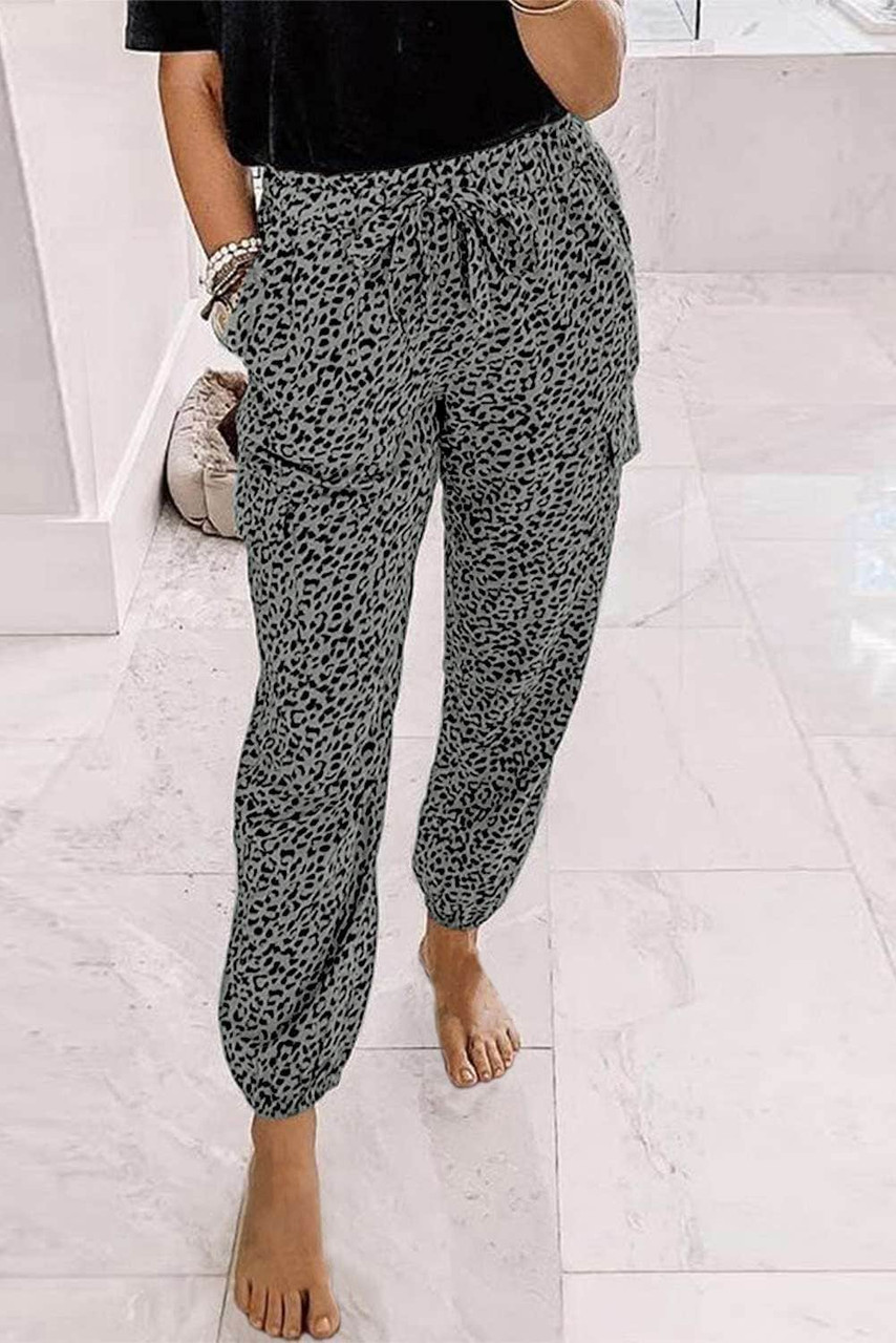 Gray Chic Leopard Print Drawstring Elastic Waist Jogger