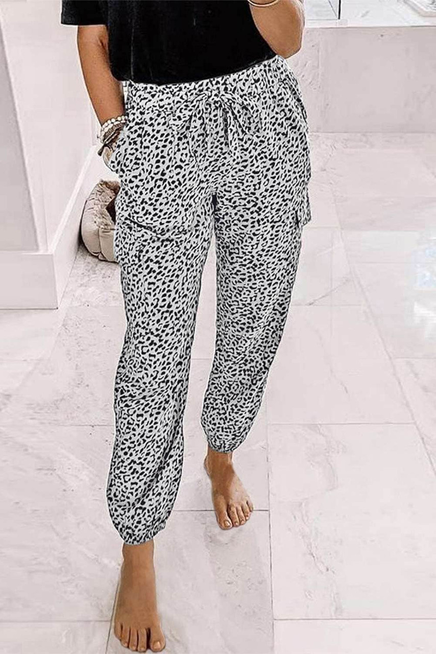 White Chic Leopard Print Drawstring Elastic Waist Jogger