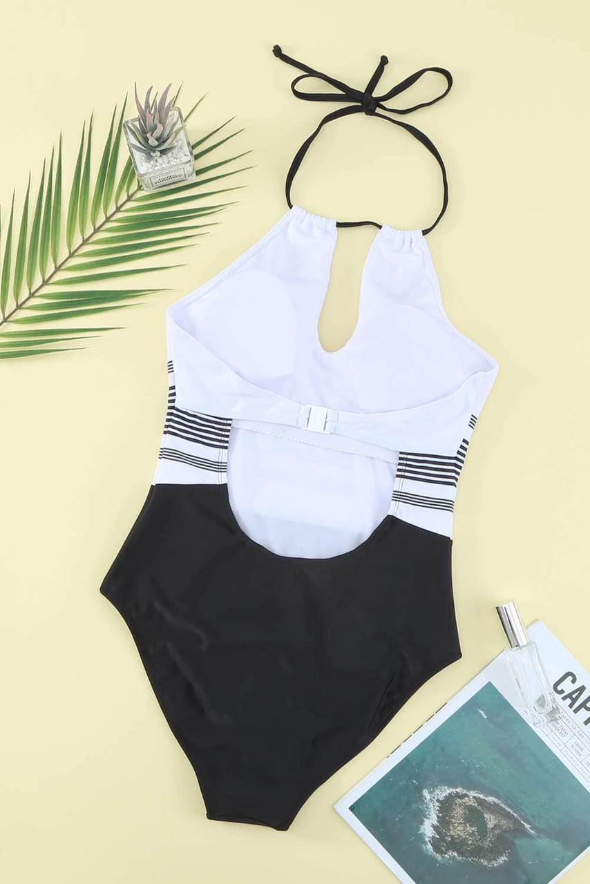 Halter Neck Striped Backless One-piece Swimwear Halter Neck Striped Backless One-piece Swimwear