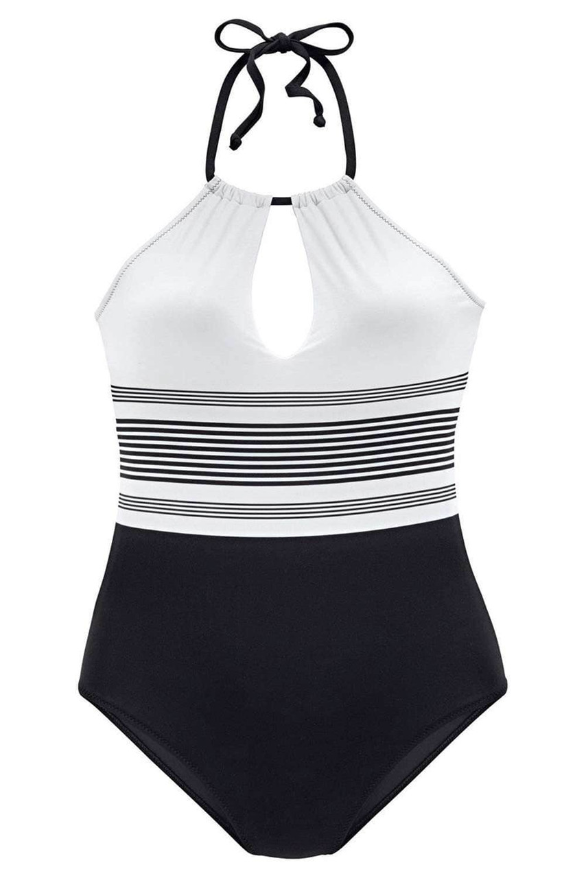 Halter Neck Striped Backless One-piece Swimwear