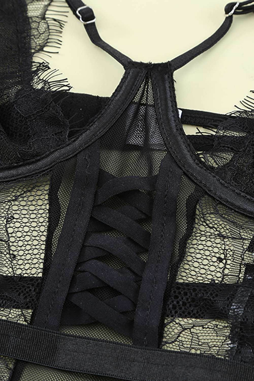 Black Strappy Contrast Mesh Lace Teddy