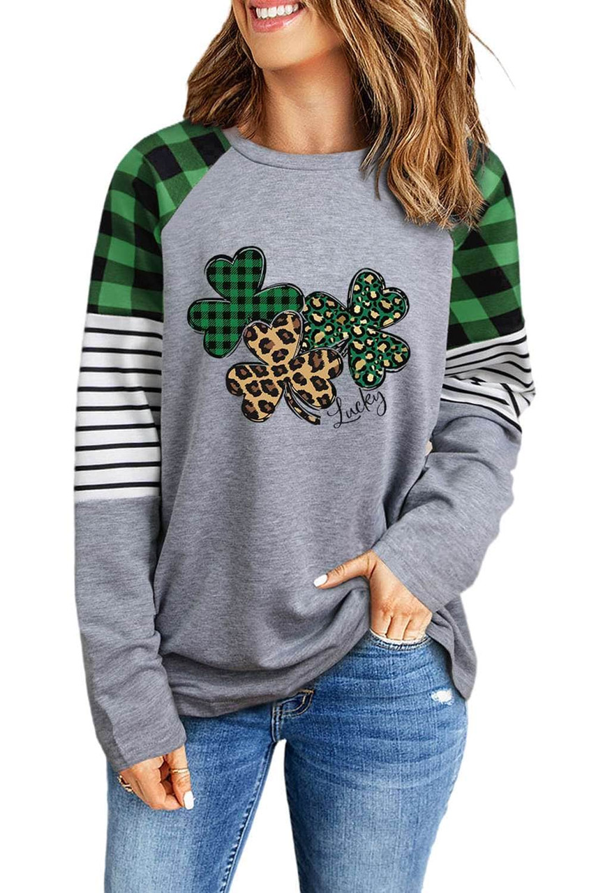Green Lucky Clover Pattern Plaid Striped Sleeve Top