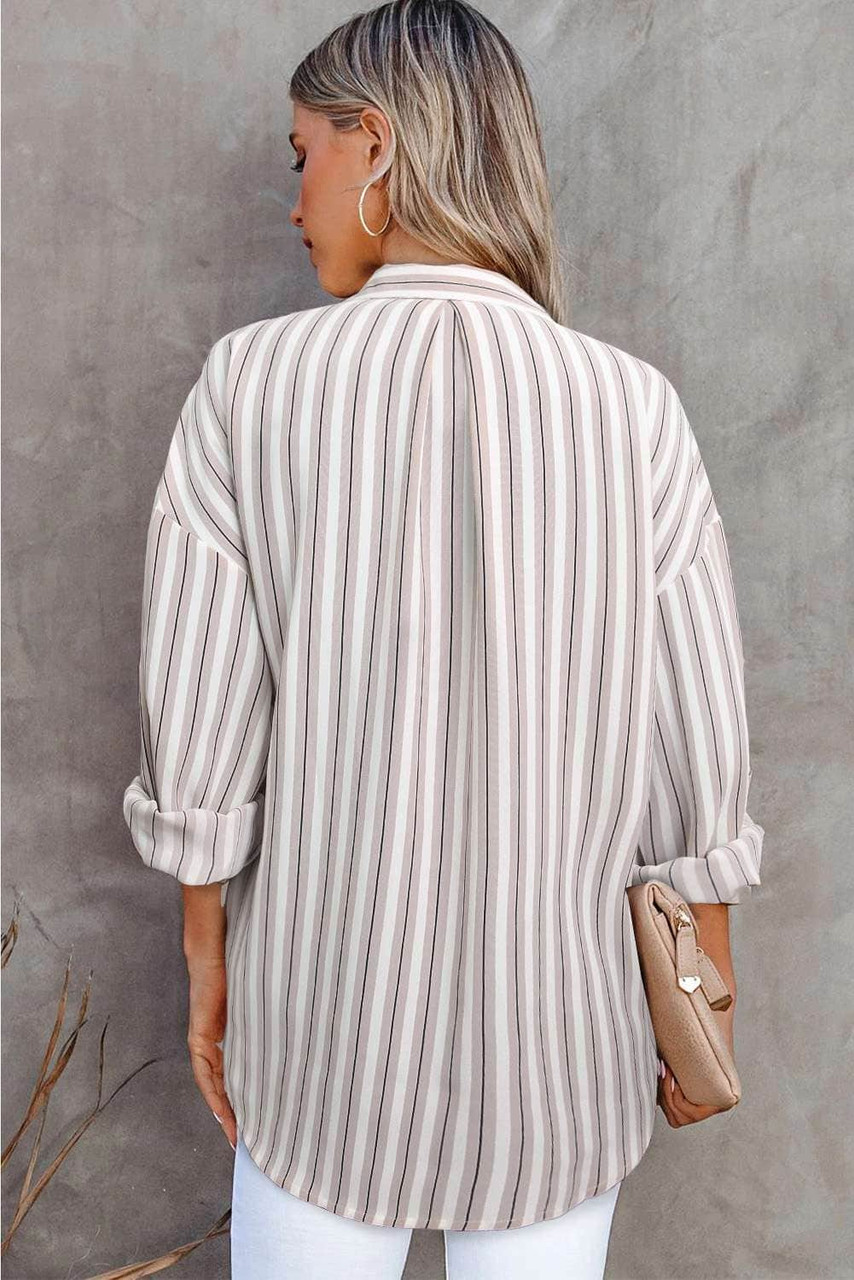 Khaki Striped Buttons Closure Long Sleeve Shirt