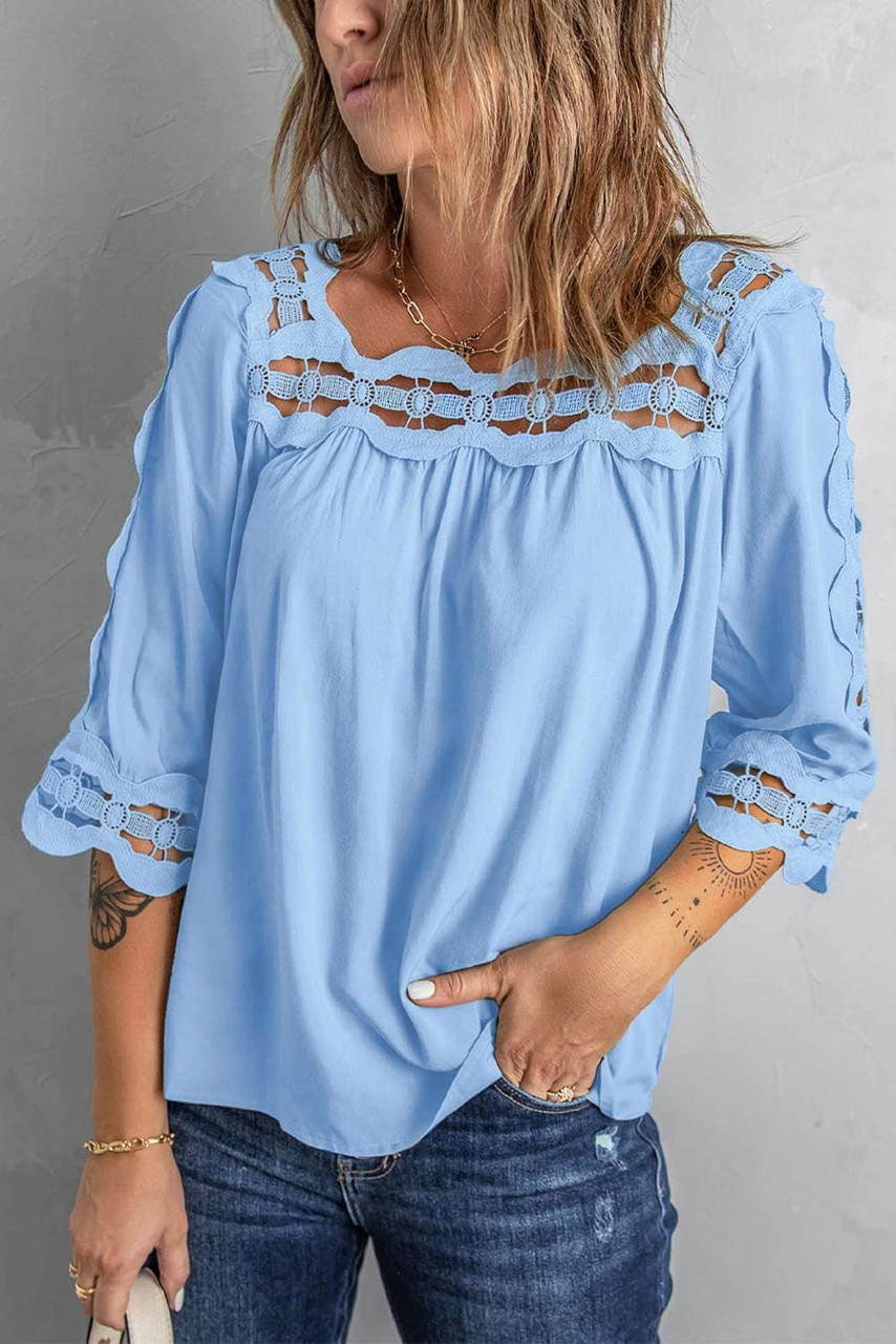 Sky Blue Crochet Trim Hollow-out Blouse