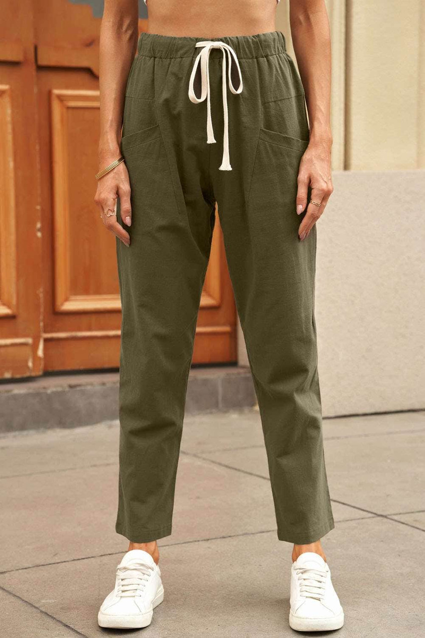 Green Solid Pocketed Drawstring High Waist Pants Green Solid Pocketed Drawstring High Waist Pants