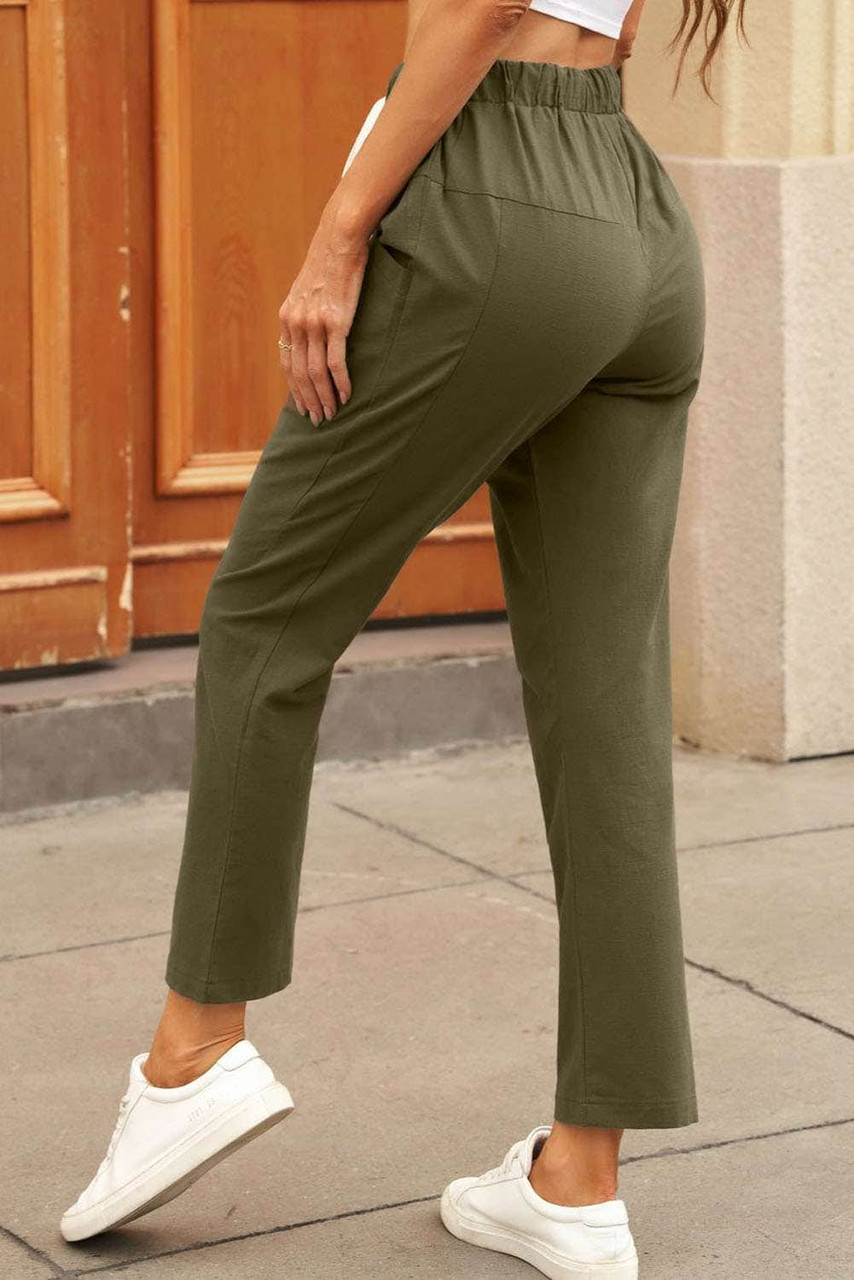 Green Solid Pocketed Drawstring High Waist Pants Green Solid Pocketed Drawstring High Waist Pants