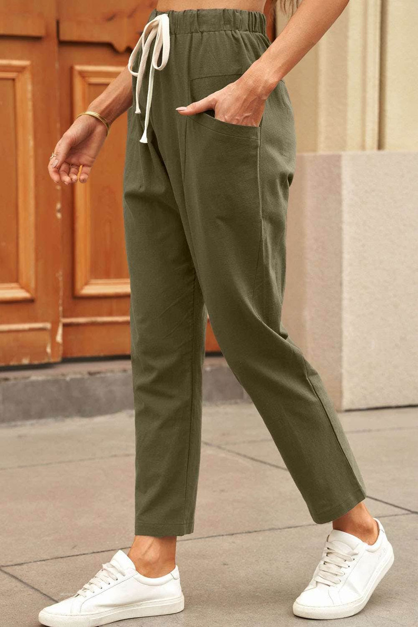 Green Solid Pocketed Drawstring High Waist Pants Green Solid Pocketed Drawstring High Waist Pants