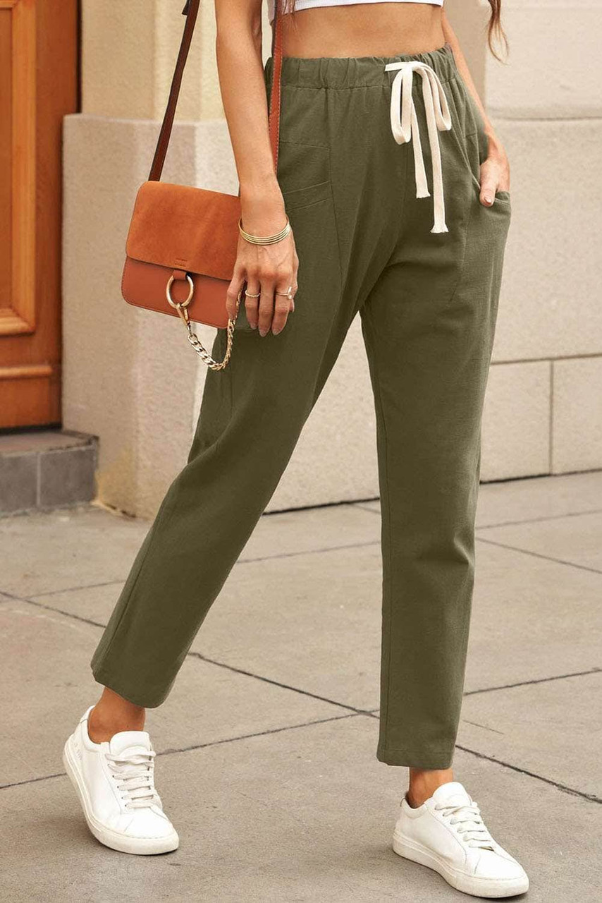 Green Solid Pocketed Drawstring High Waist Pants Green Solid Pocketed Drawstring High Waist Pants