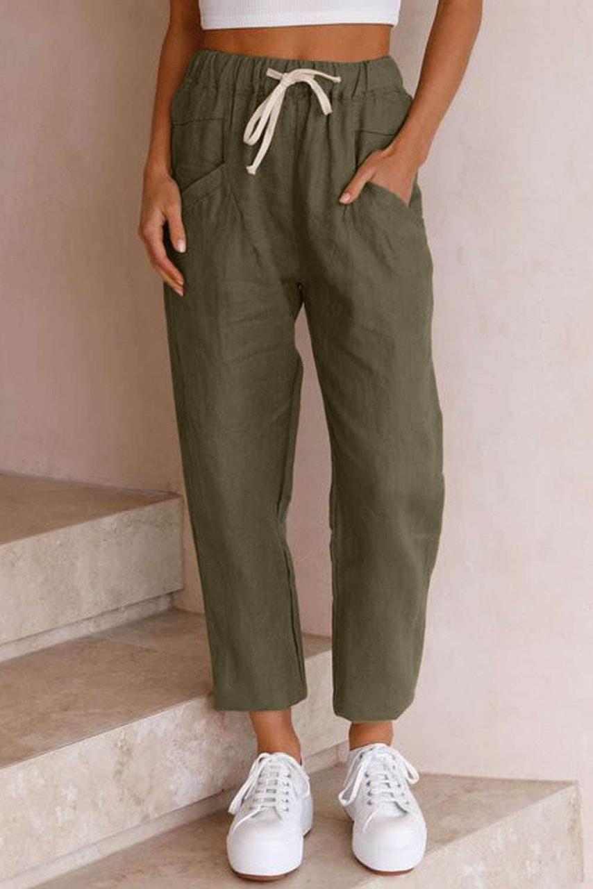 Green Solid Pocketed Drawstring High Waist Pants Green Solid Pocketed Drawstring High Waist Pants