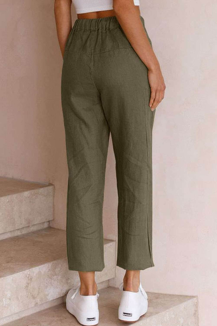 Green Solid Pocketed Drawstring High Waist Pants Green Solid Pocketed Drawstring High Waist Pants
