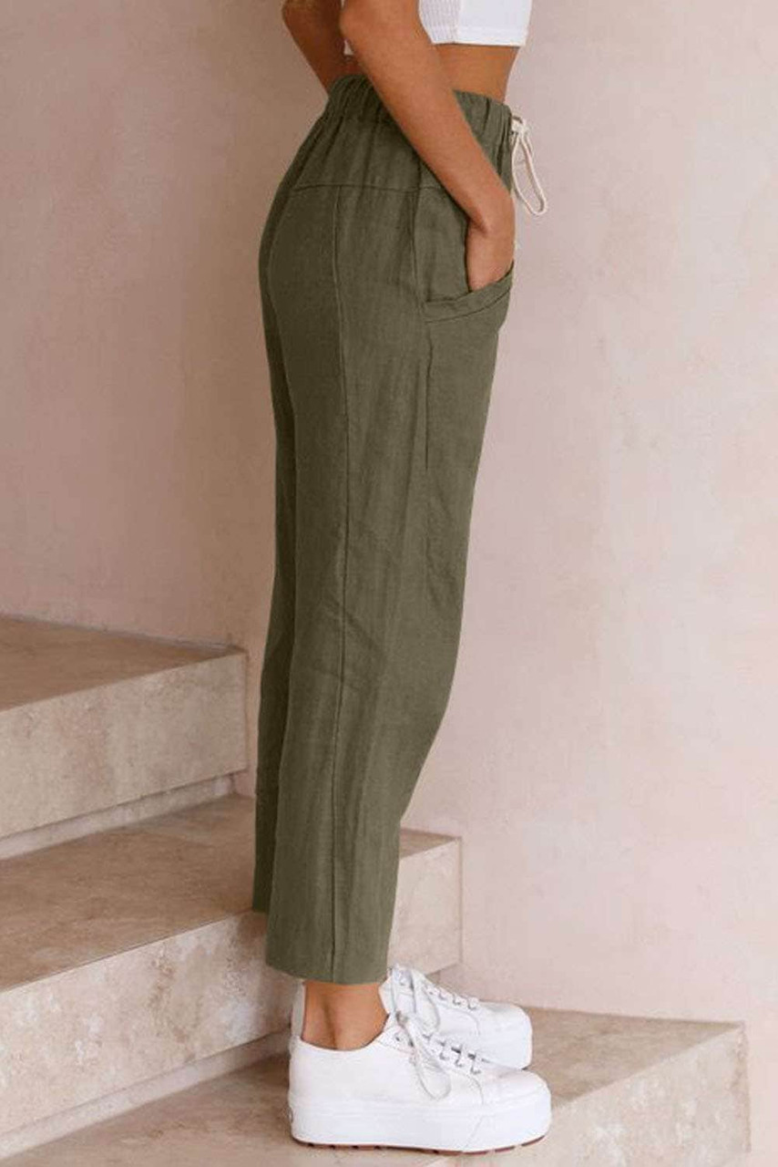 Green Solid Pocketed Drawstring High Waist Pants Green Solid Pocketed Drawstring High Waist Pants