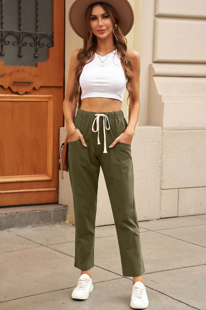 Green Solid Pocketed Drawstring High Waist Pants Green Solid Pocketed Drawstring High Waist Pants