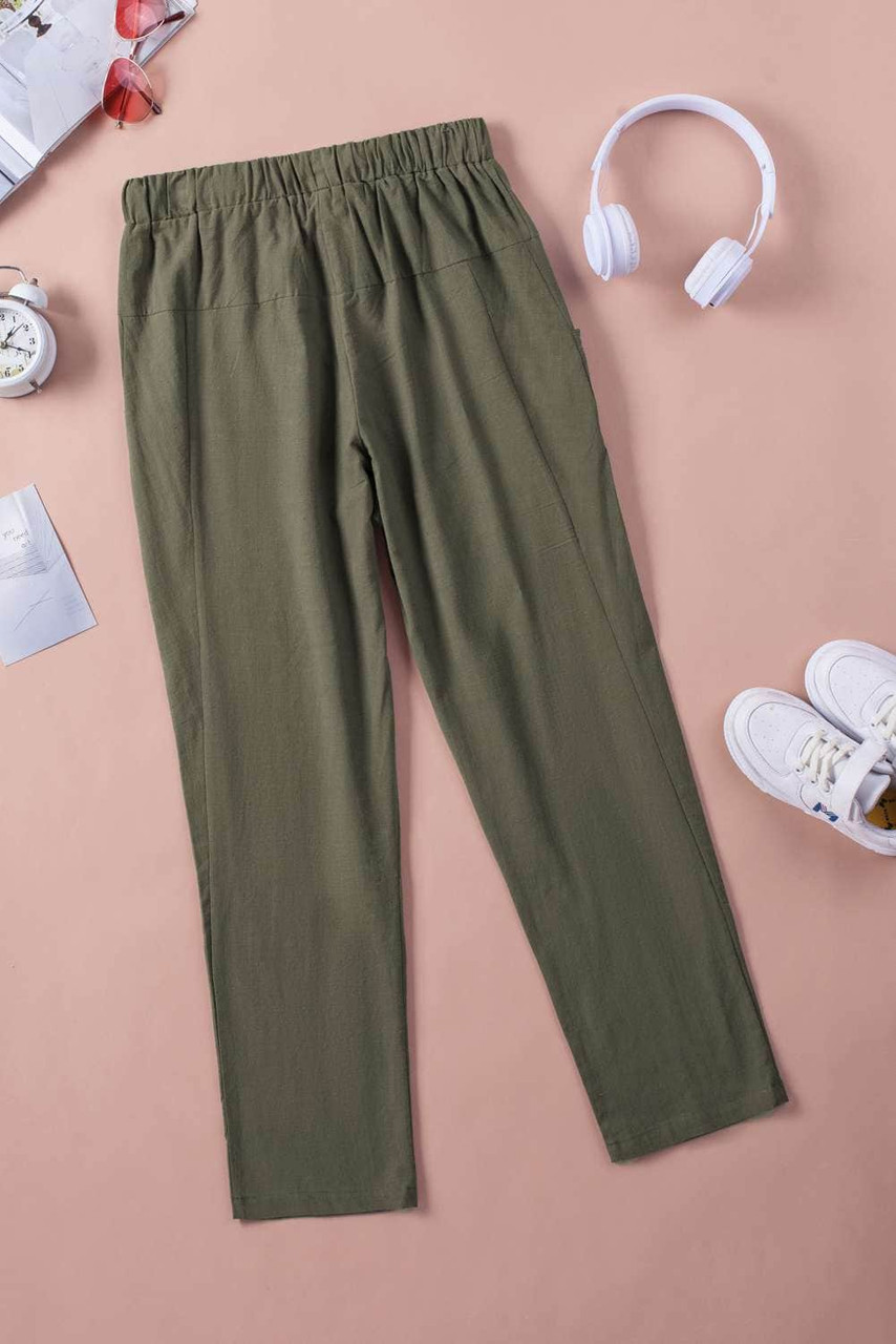 Green Solid Pocketed Drawstring High Waist Pants Green Solid Pocketed Drawstring High Waist Pants