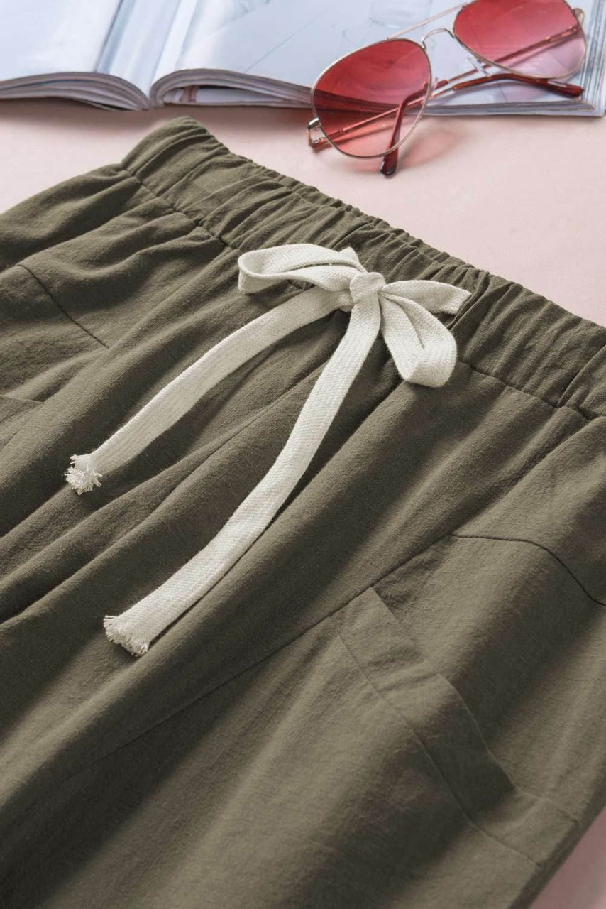 Green Solid Pocketed Drawstring High Waist Pants Green Solid Pocketed Drawstring High Waist Pants