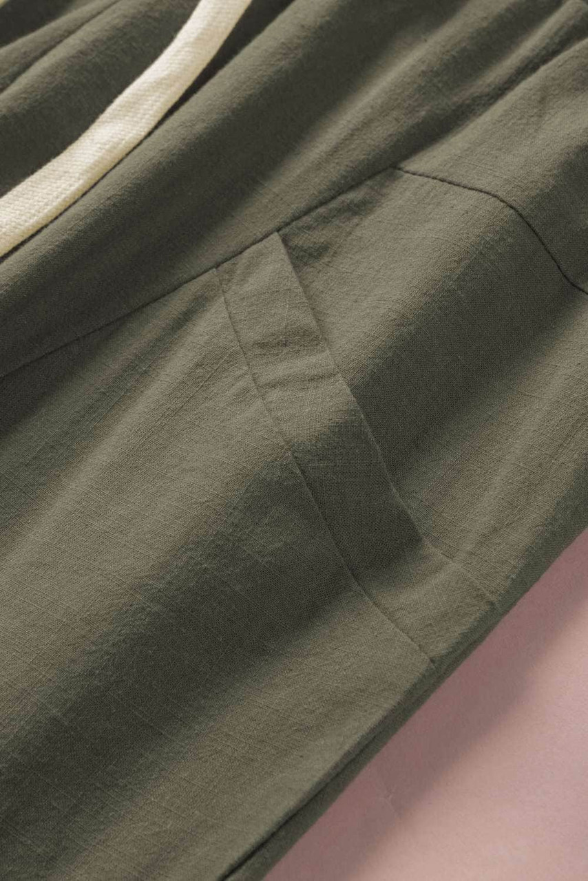 Green Solid Pocketed Drawstring High Waist Pants Green Solid Pocketed Drawstring High Waist Pants