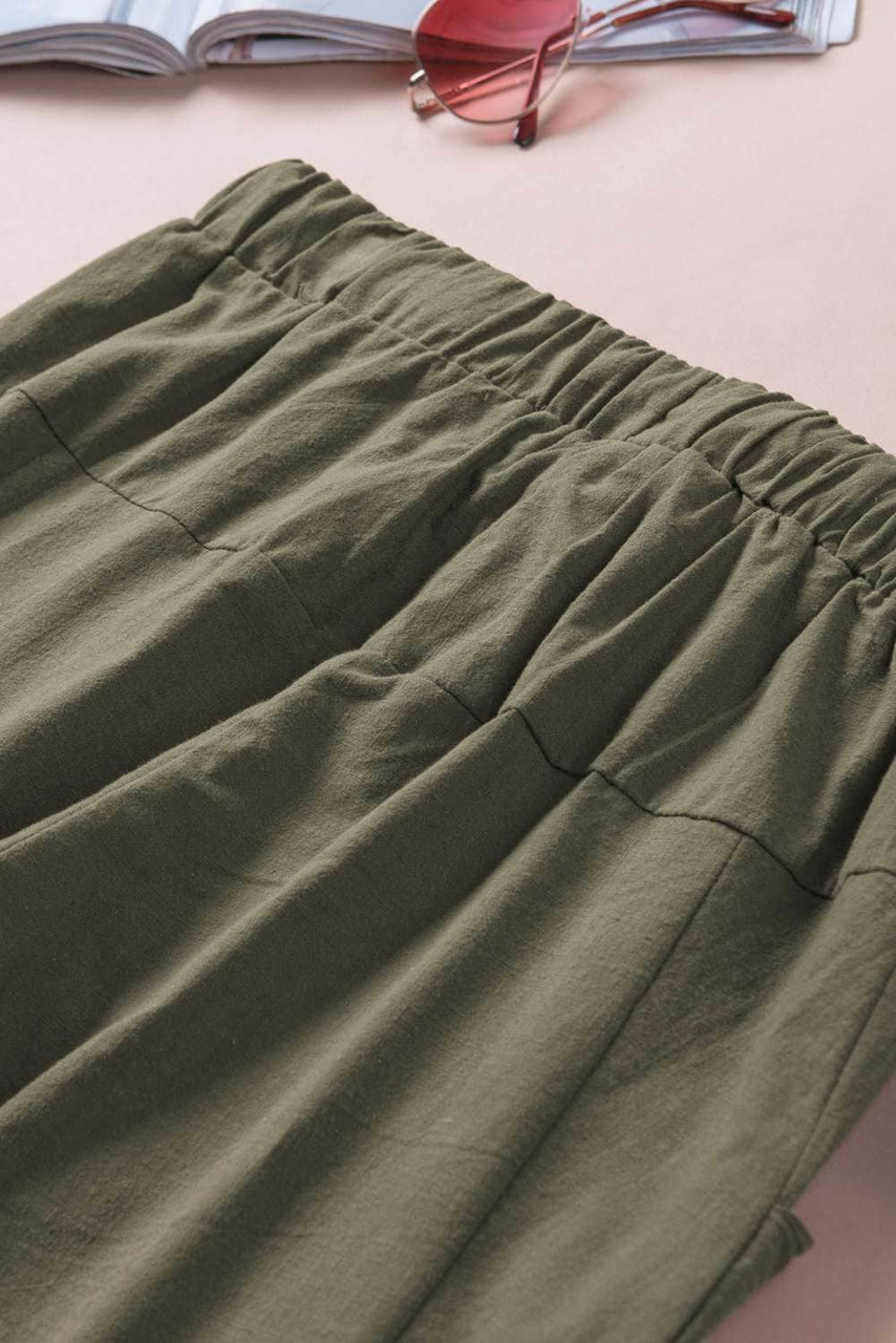 Green Solid Pocketed Drawstring High Waist Pants Green Solid Pocketed Drawstring High Waist Pants