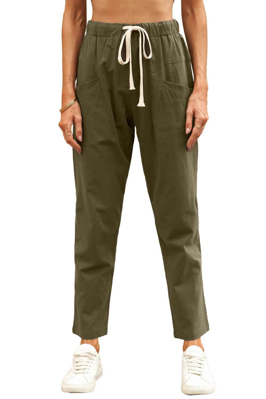 Green Solid Pocketed Drawstring High Waist Pants