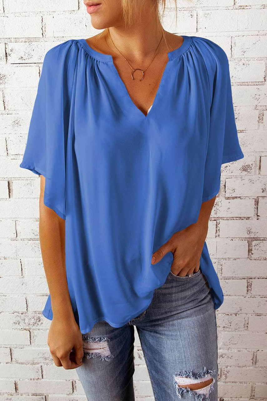 Blue Split Neck Pleated Loose Blouse