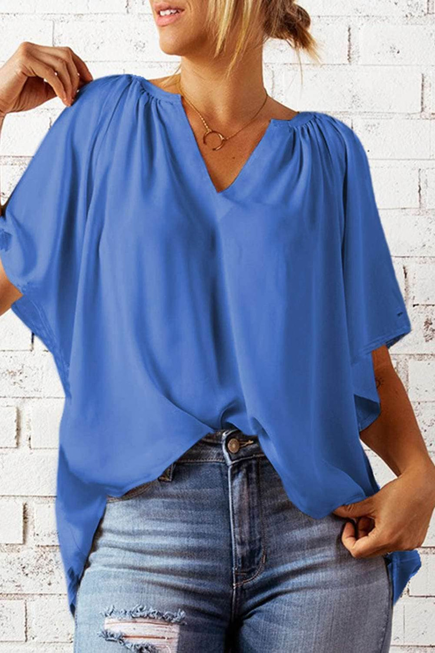 Blue Split Neck Pleated Loose Blouse