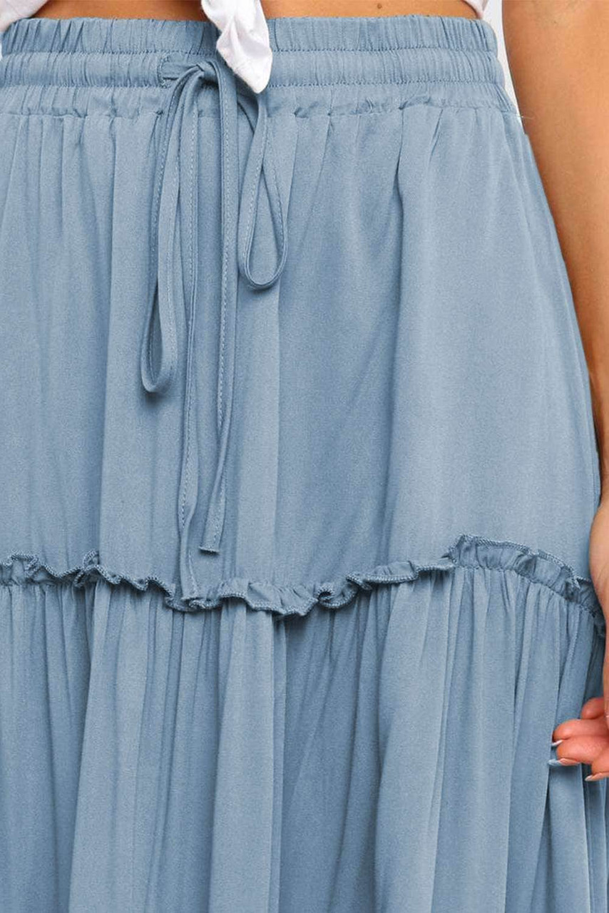 Blue Solid Layered Ruffled Drawstring High Waist Maxi Skirt