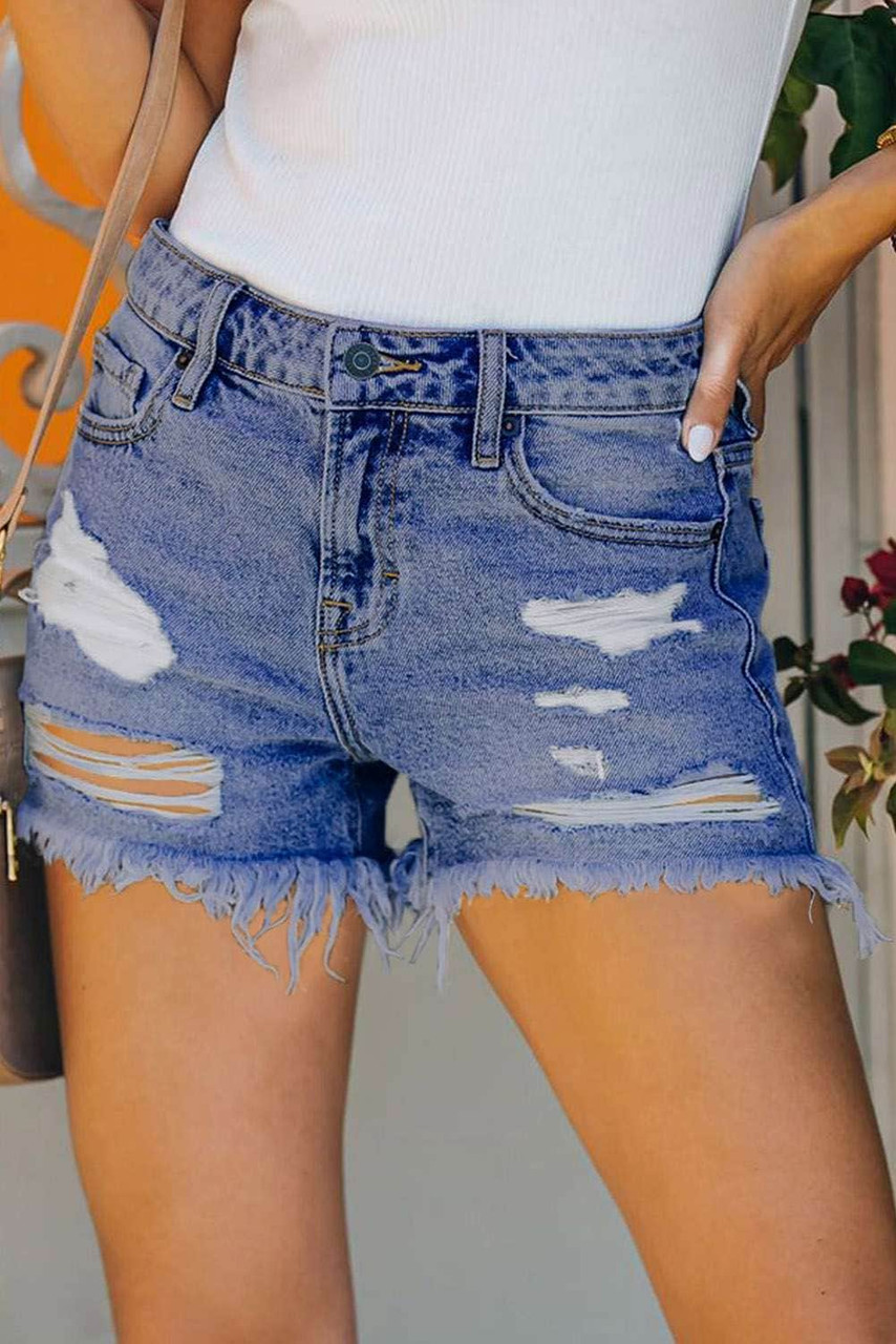 Blue Raw Hem Distressed High Rise Denim Shorts