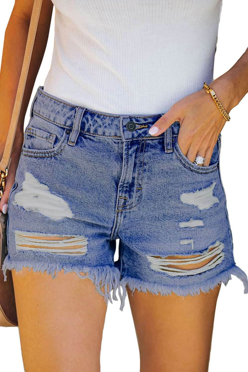 Blue Raw Hem Distressed High Rise Denim Shorts