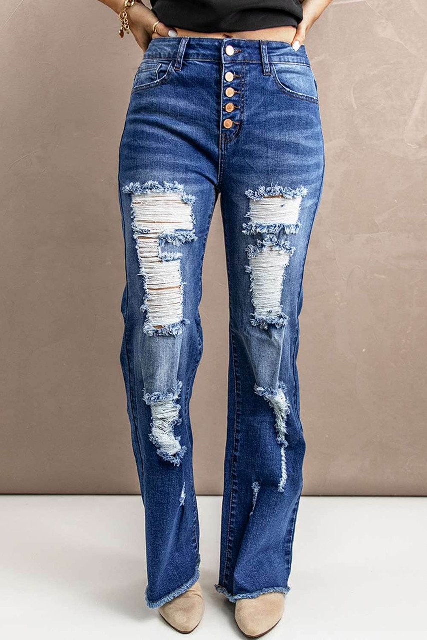 Blue Distressed Ripped Buttons Bell Bottom Jeans