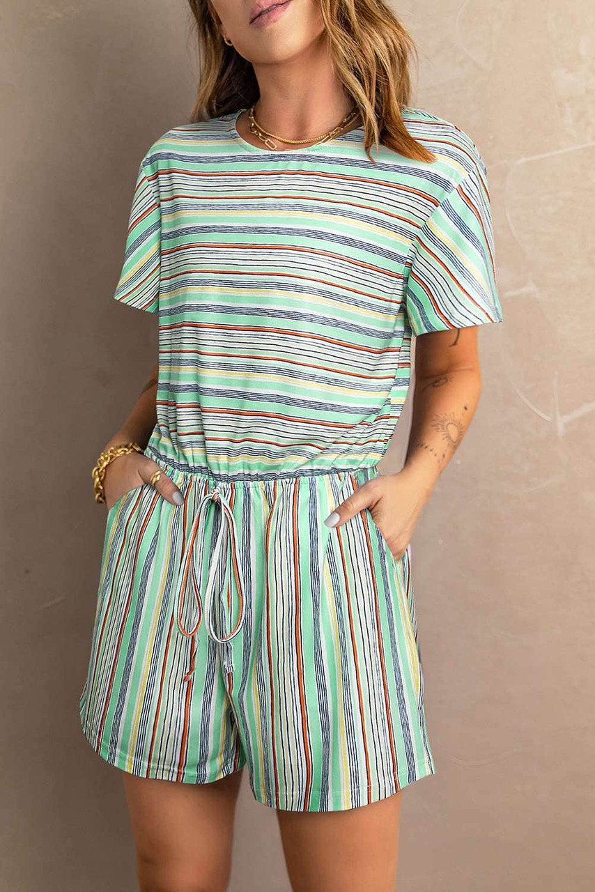 Green Striped Short Sleeve Romper