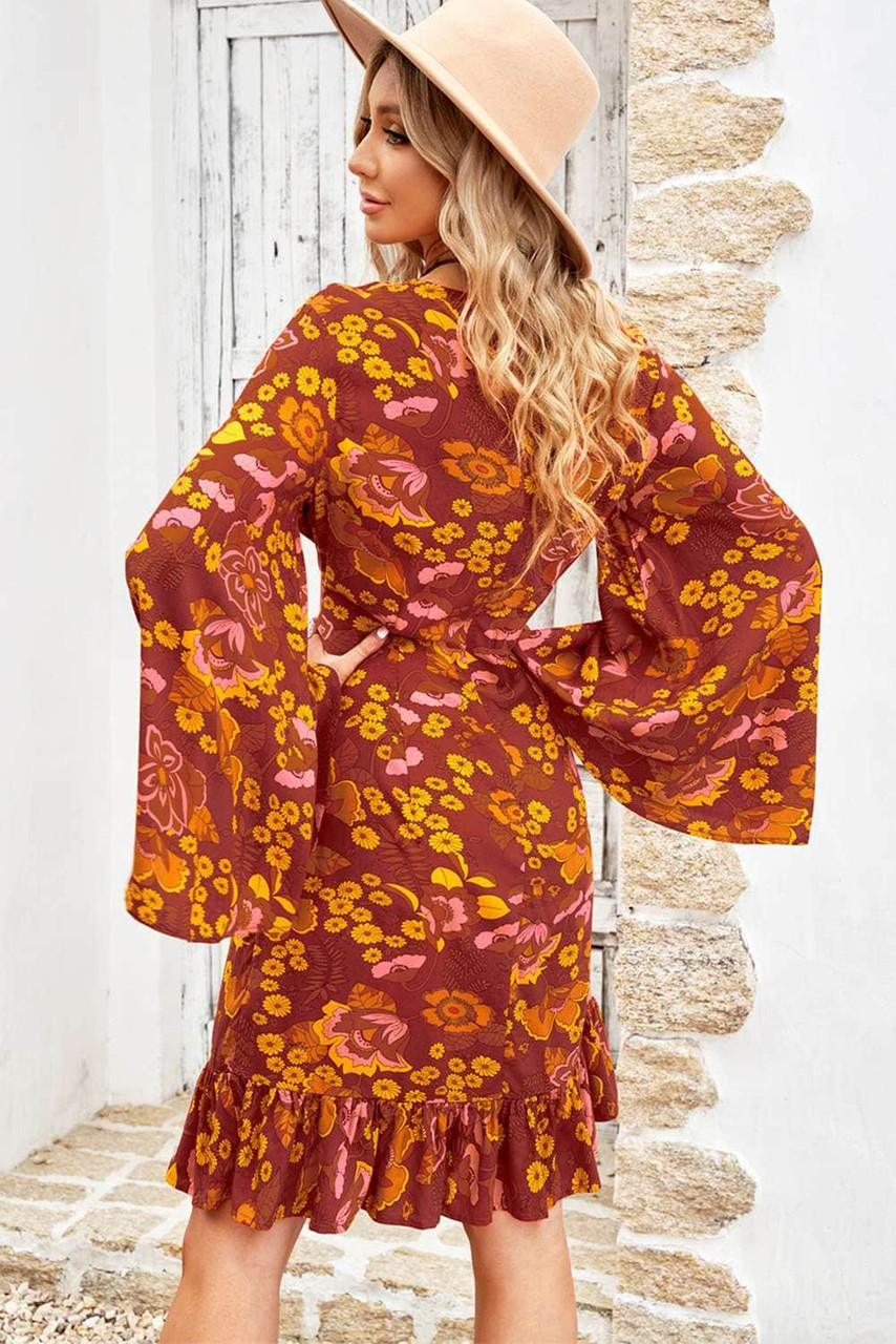 Boho Floral Print Ruffled Long Sleeve Mini Dress