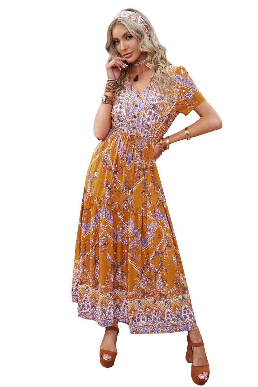 Orange Retro Bohemian Ethnic Print Dress