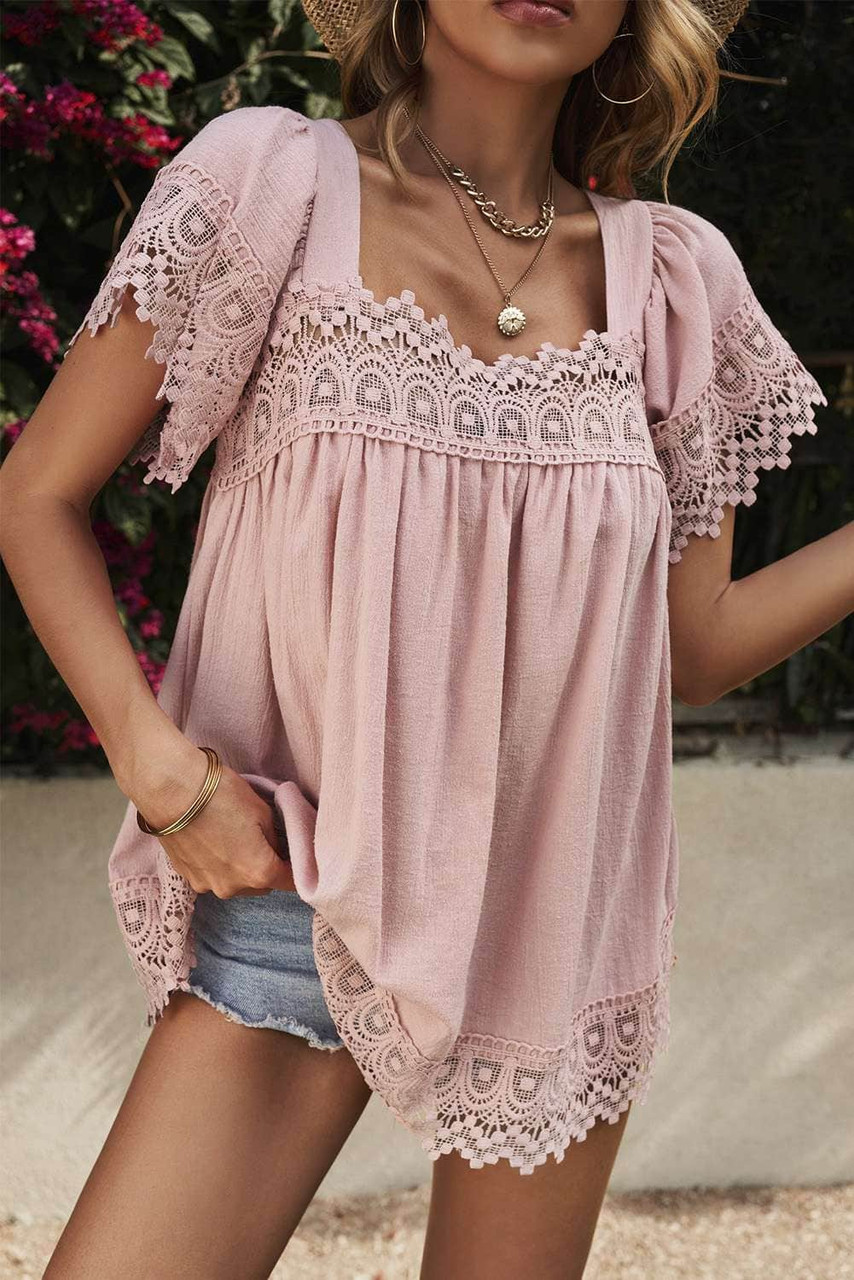 Pink Lace Pom Pom Splicing Square Neck Blouse