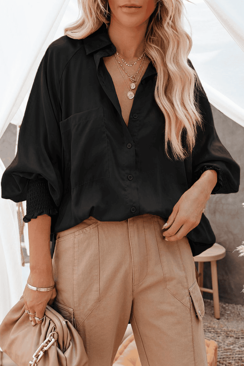 Black Billowy Sleeves Pocketed Shirt