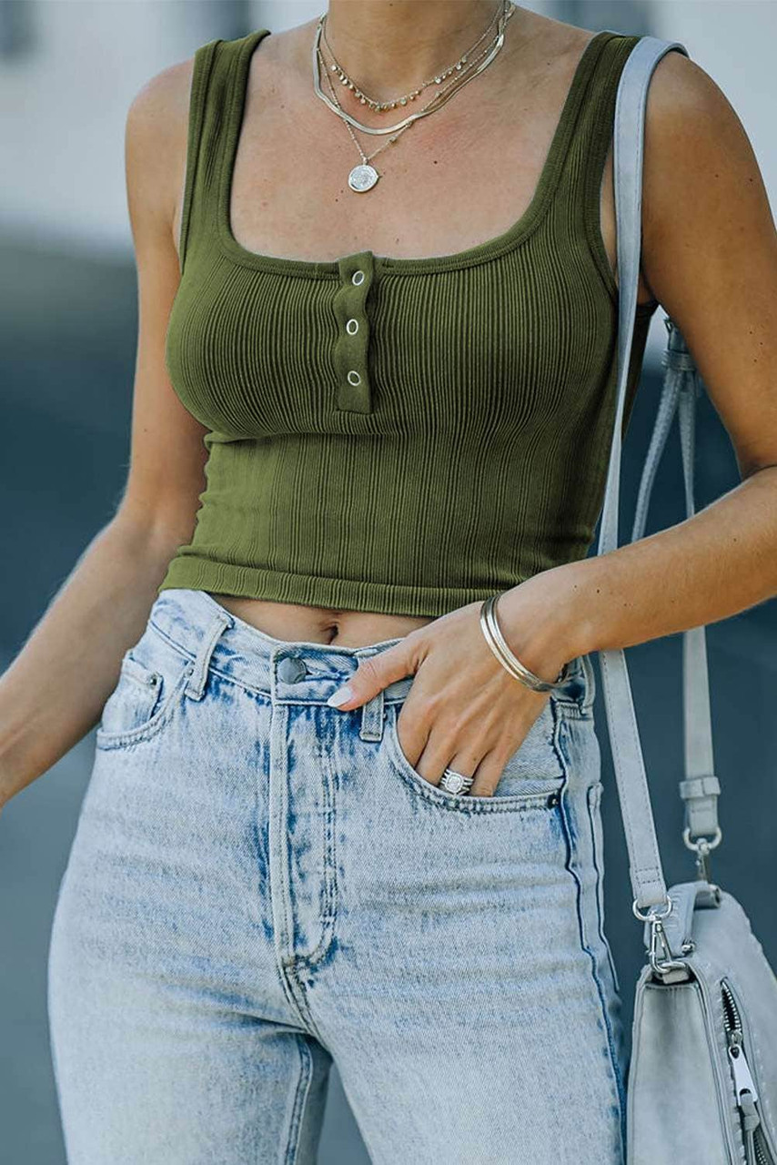 Green Ribbed Knit Henley Crop Tank